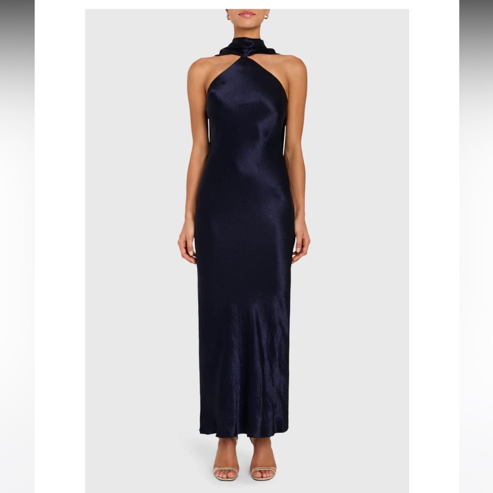 Amanda Uprichard Ashton Drape Satin Gown Navy Size S